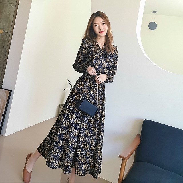 花柄シフォンリボンタイワンピース Aライン ミモレ丈 きれいめ エレガント シック 秋冬 お出かけ 通勤 デート 女子会 デイリー 長袖 Arroser