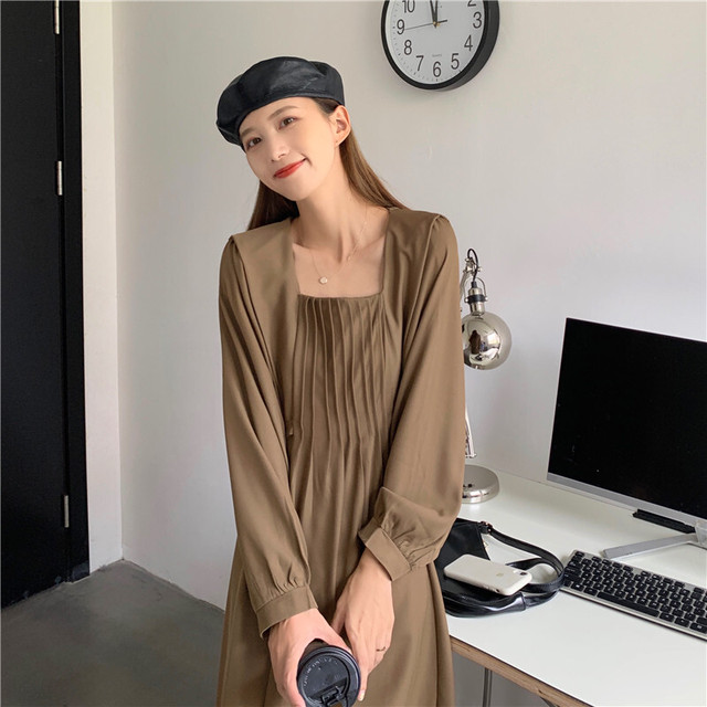 レディース ワンピース 春 秋 冬 シャツ ワンピース 長袖 ロング丈 スクエアネック ワンピース シンプル カジュアル おしゃれ ガーリー 大人可愛い お出かけ デート 通学 キャンパス 通勤 オフィス 学生 旅行 女子会 普段着 ブラック カーキ 黒 Hf Haru Foo