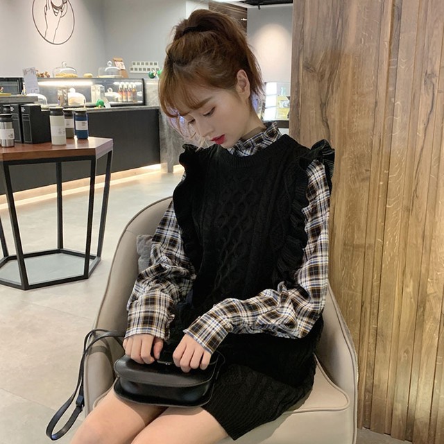 ボリューム袖 ミニ丈 チェック柄 チェック柄シャツ シャツ ブラウス フリル ガーリー ニットワンピース ワンピース レイヤード セットアップ 秋冬 流行り 学生 10代 代 可愛い 注目 人気 お洒落 レディース 大人 Sugar Daystyle シュガーデイスタイル