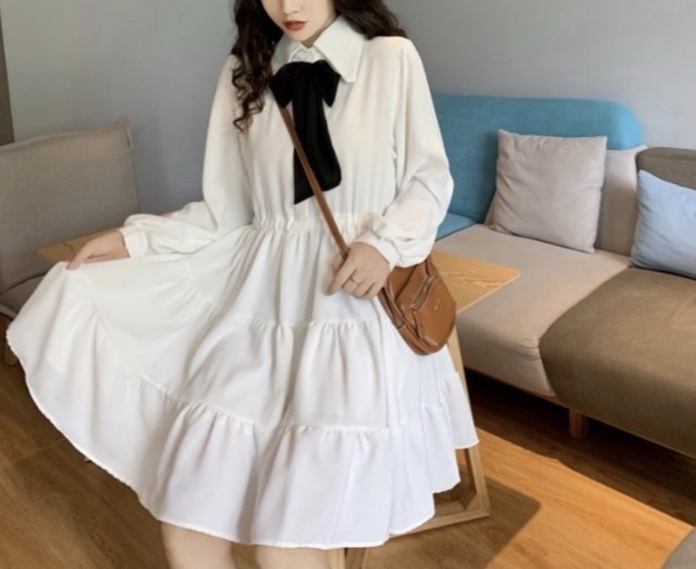 モノトーンレトロワンピース ガーリー シャツワンピ シンプル リボンタイ Me ﾐｰ