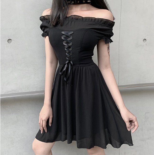 お取り寄せ商品 オフショルダー胸元レースアップワンピins29 Kurobeni