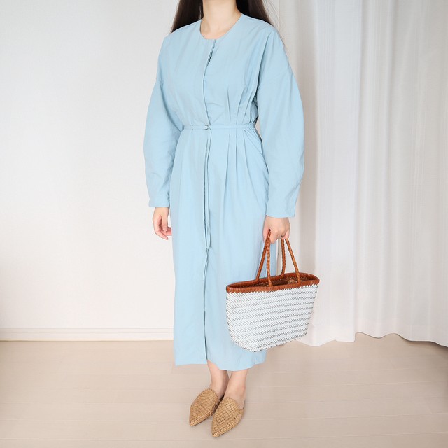 Elin 即納 ベルト付きボリュームワンピース タックロング レディースマキシ丈無地ワンピース ブルー Fashion Is Art