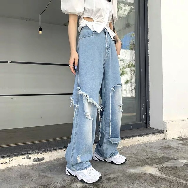 high damage denim pants