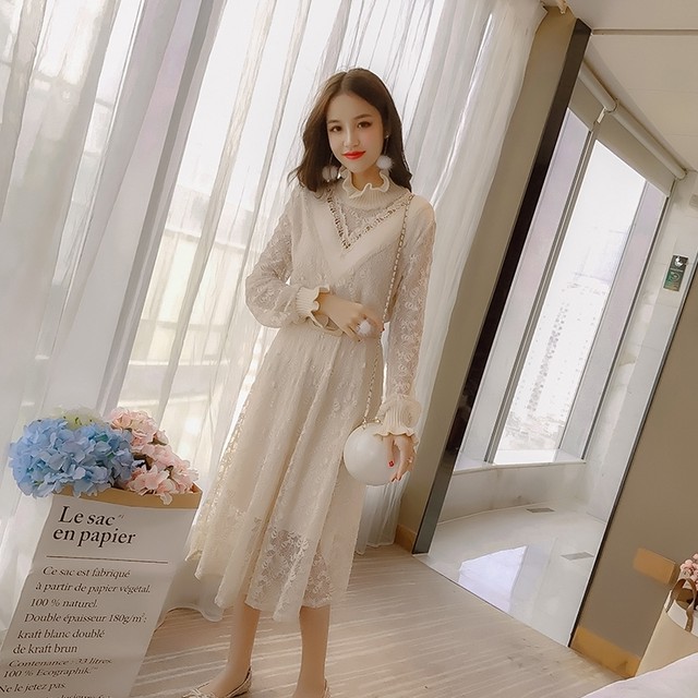 全2色 ワンピース ハイネックラッフル リブ 長袖 シースルー レース ウエストベルト 花柄 異素材 Vライン かわいい キレイめ デート お出かけ お呼ばれ Like Fashion