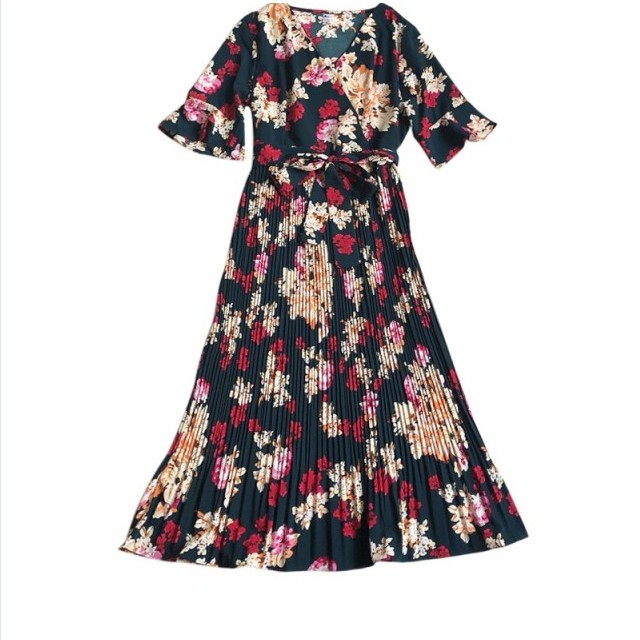 クラシカル ワンピース 大花柄 シック クラシカル 黒 透け感 長袖 フレア プリーツ ワンピ ロング丈 Basecamp49