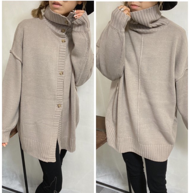 マルチwayざっくり編みタートルネックニットプルオーバー グレージュ Anfang