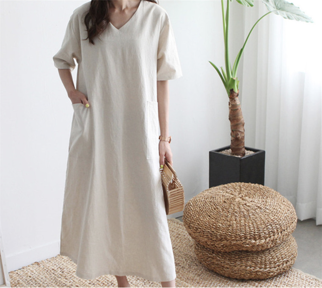 Vネック リネン マキシワンピース 便利なポケット付き アパレルショップ Be My Self