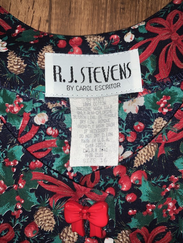 ヴィンテージ ロング ワンピース クリスマス 総柄 花 リボン ポケット付き 袖なし ジャンパースカート Vintage Usa アメリカ 古着 Club723 N127 Club723