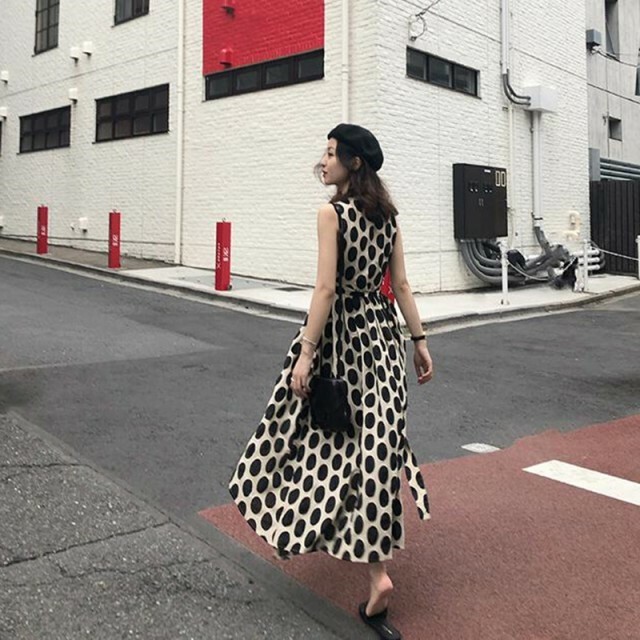 ワンピース ドレス ポリエステル ミディアム丈 ノースリーブ 代 オレンジ 黒 ドット柄 Vネック レディース オールインワン 夏 Seaside Hanano