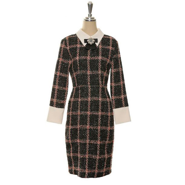 ツイードワンピース 長袖 膝丈 タイト 襟付き リボン レディース ファッション ガーリー フェミニン 女子会 二次会 28 La Vie En Rose