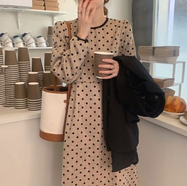レディース ワンピース 春 夏 長袖 レトロドットワンピース ウエストマーク レトロ ドット クラシカル シック ロング丈 Aライン フレア フェミニン ガーリー 大人ガーリー 大人カジュアル カジュアル 春夏 グレー ブラウン S Lサイズ Ukiukionepicec