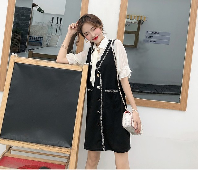 大きいサイズ レディース 重ね着風ワンピース シャツ ブラウス リボン モノトーン 春 夏 秋 2l 3l 4l 5l 6l 半袖 五分袖 大きいサイズ 送料無料 レディース通販店 ｋｅｃｃｈi 静岡 Base売り場