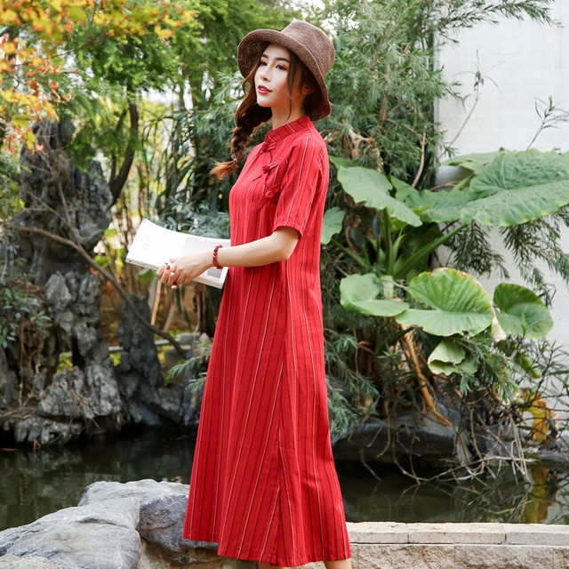 送料無料 チャイナ風ワンピース ドレス 女子会 同窓会 五分袖 ロング丈 スタンドネック コットンリネン素材 ストライプ柄 Sunrise0911