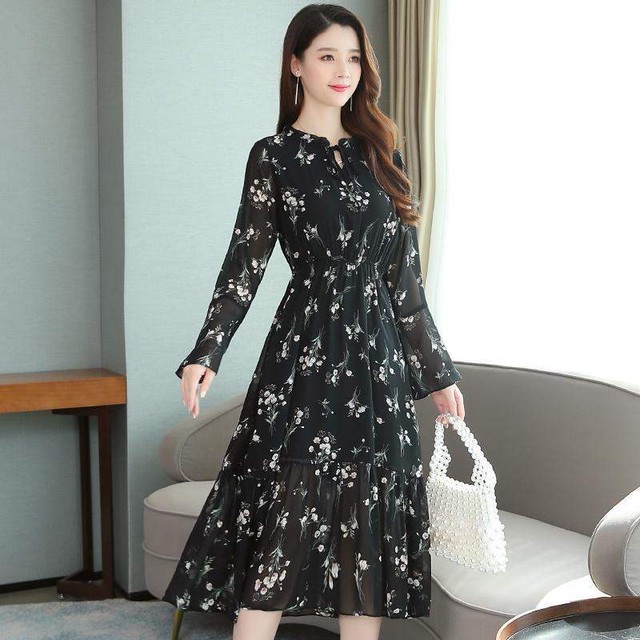 秋物入荷 小花柄シフォンワンピース シアー 透け感 フレア袖 長袖 リボン 春秋 大人きれい フェミニン Op04 Natuliria ナチュリリア