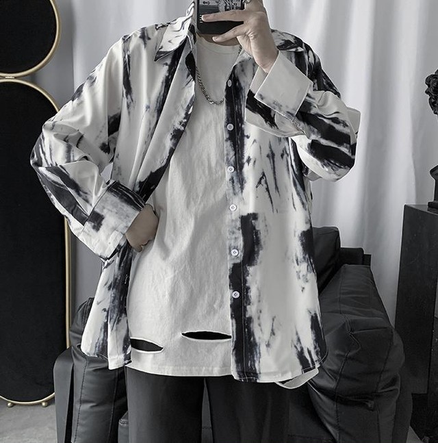 メンズ 総柄シャツ 韓国系 長袖 シャツ 柄 オーバーサイズ 人気 送料無料 Jb 1