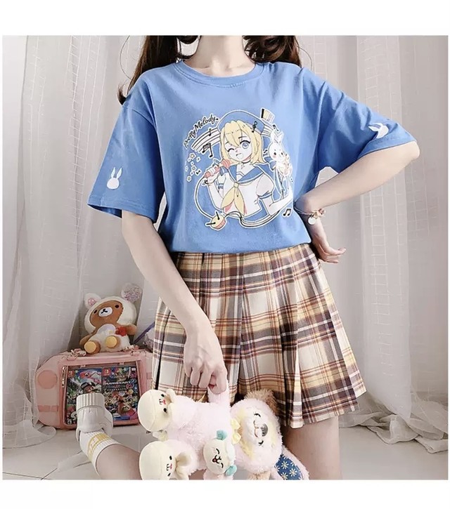 Top Mode トップス Tシャツ ブルー 青 スウィート ラフ ルーズ オーバーサイズ 半袖 女の子 うさぎ 音符 メロディー 病みかわいい ゆめかわいい ラブリー キュート 夏 普段使い Z108 Top Mode