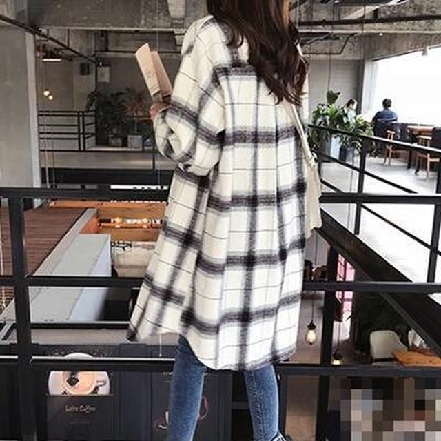 全2色 アウター 春 レディース 40代 ロング丈 ジャケット チェック スプリングコート ワンピース 春秋 カジュアル おしゃれ かっこいい 長袖 ビッグシルエット オーバーサイズ ゆったり 大きいサイズ シンプル ホワイト 白 ブラック 黒 代 30代 50代 Like Fashion