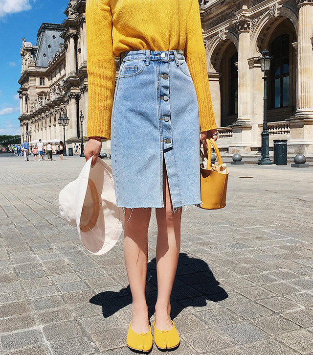 フロントボタン デニムスカート 切りっぱなし 女子会 ママコーデ E Happiness Seed