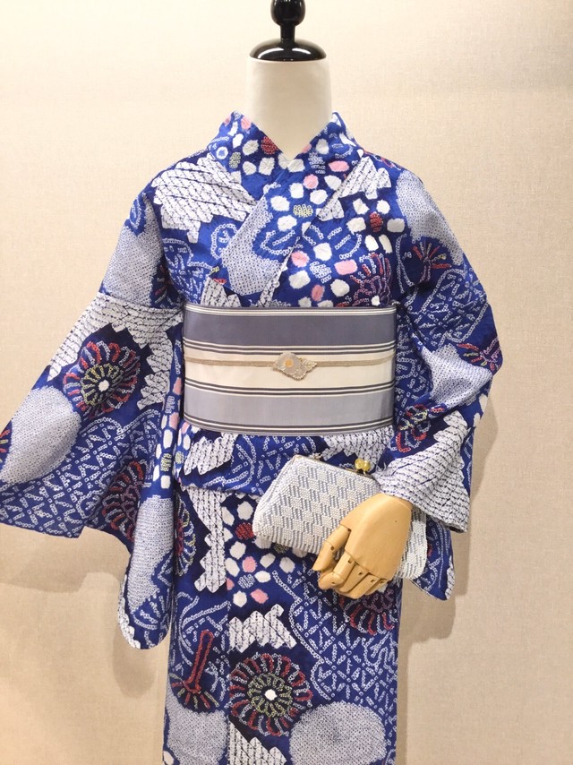 絞り浴衣 青地 花とうちわ 足利うさぎや