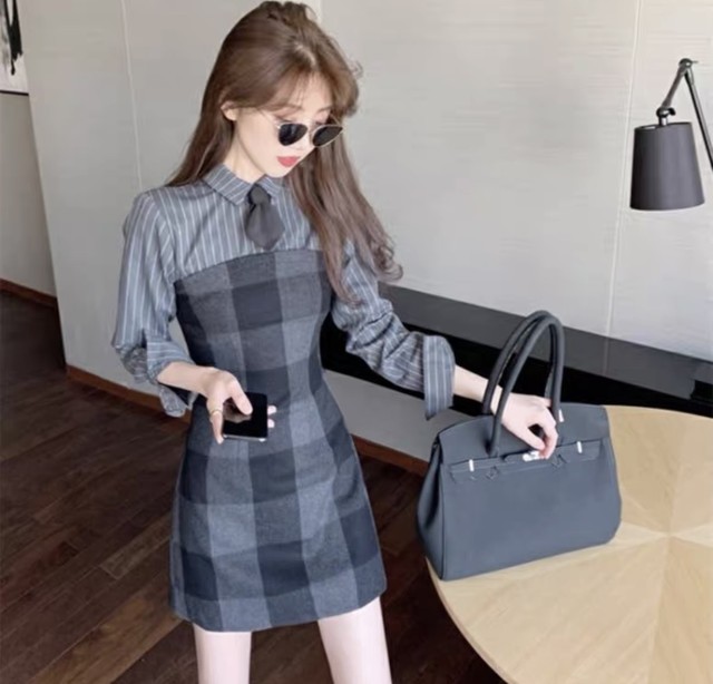 031 レディースファッション ミニワンピース バイカラーワンピース チェック柄 ネクタイ フレンチスタイル 秋冬コーデ 新作 More Lluze モア ルーゼ