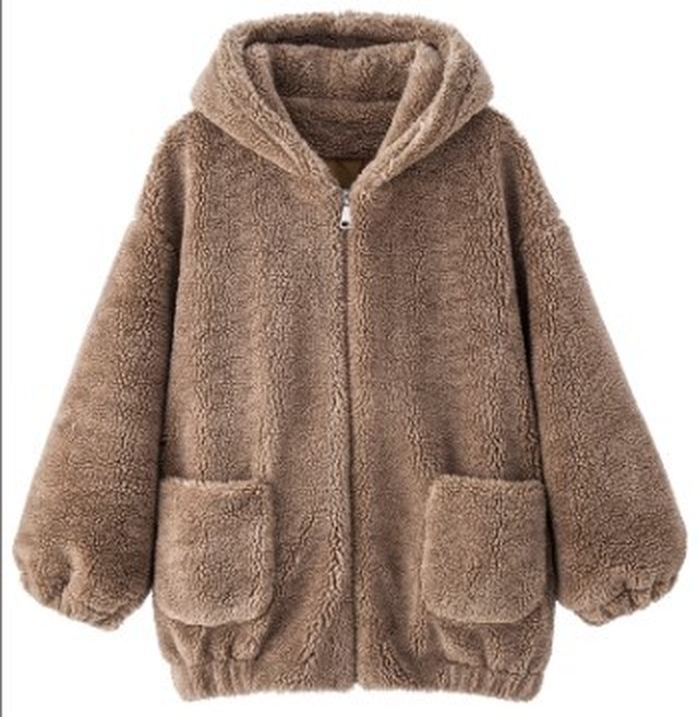 長袖 ボア ブルゾン フーディー パーカー アウター ボリュームスリーブ ポケット付き ショートコート 毛皮風 リッチ 韓国 ファッション レディース 冬服 新作 春冬 春服 Idear