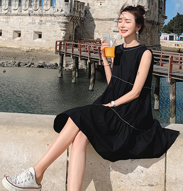 レディース ワンピース ノースリーブ ハイウエスト ティアード 黒 白 カジュアル 大人かわいい ゆったり 夏 おでかけ リゾート リボン 韓国服 ａライン Heart Mart