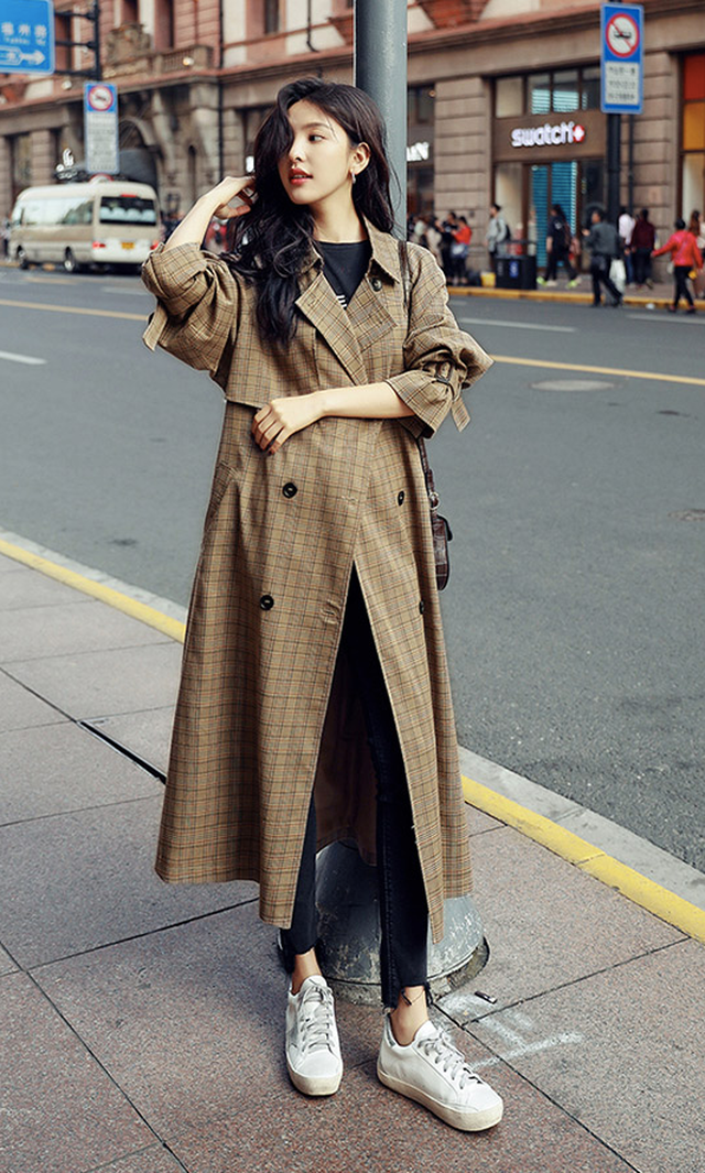 トレンチコート アウター スプリングコート レディース 春秋 ロング丈 グレンチェック カーキ シック 英国スタイル クラシック レトロ 代30代40代 Lalas