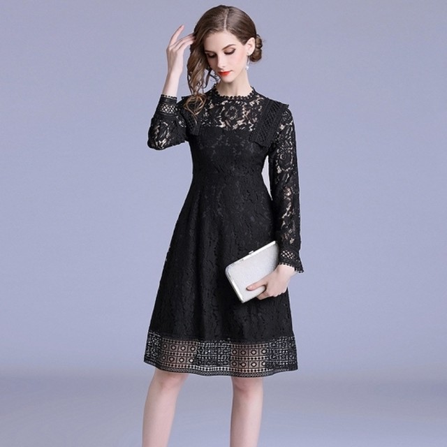 ショルダーレース装飾 カットワーク レース ヘム 黒 Aラインワンピース 長袖 ミディアム A 173 Rianjoule ドレス 女子会ファッション トレンド セレクトショップ