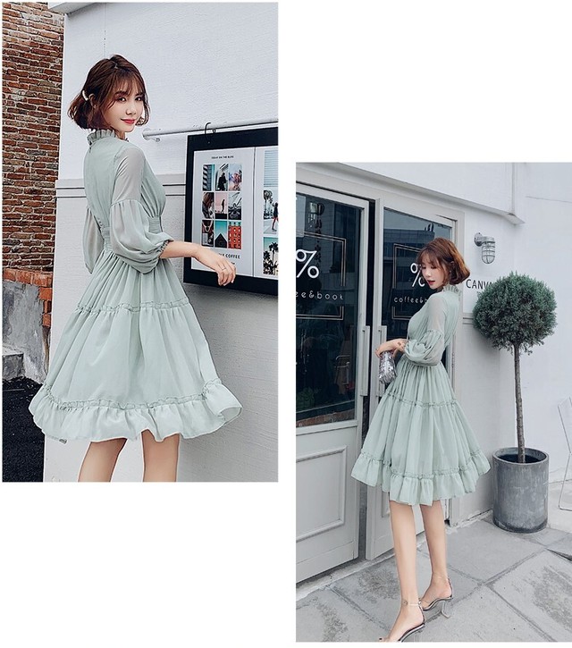 大人可愛い フリル ワンピースドレス ひざ丈ワンピース ガーリー フェミニン シフォンワンピース ミモレ丈 レディース エレガント パーティードレス 結婚式 お呼ばれ 二次会 同窓会 女子会 パーティー Rcsb002 Dress Suba