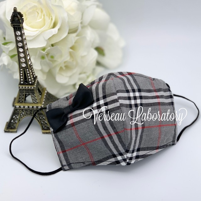 080 売れてるマスク グレー バーバリー風 チェック リボン 大判 普通 布 マスク かわいい 日本製 綿100 グレー チェック Verseau Laboratory