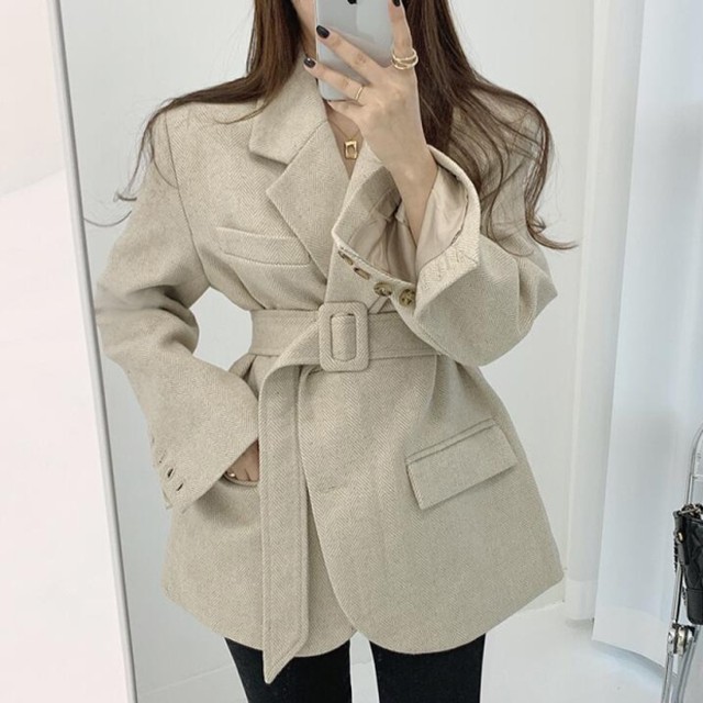 ジャケット 冬 コート レディース ウエストベルト 韓国 ファッション 冬服 レディース テーラード コート ショート丈 ウエストマーク へリンボーン オフィスカジュアル 上品 おしゃれ オーバーサイズ テーラードジャケット コート レディース Vestito