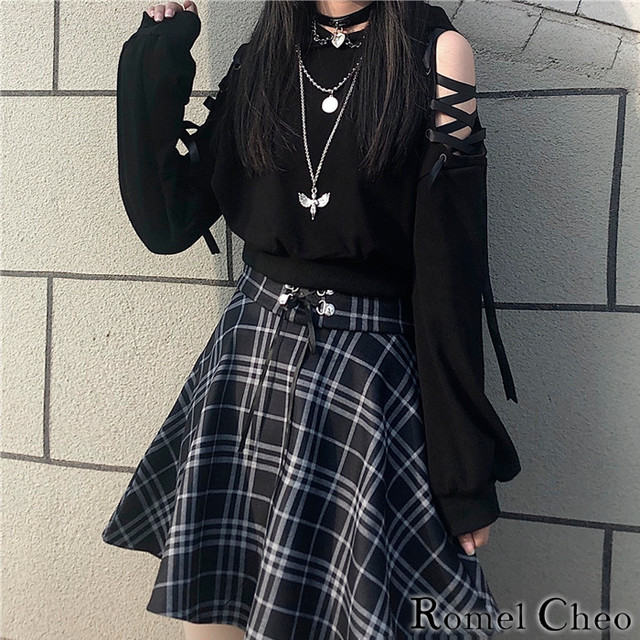 お支払い確認後日以内発送 Romelcheo 白黒 チェック ミニ スカート チェック柄 格子柄 ハイウエスト フレア レディース モノトーン レディース ガーリー 韓国 ファッション 原宿系 青文字系 制服系 コーデ カジュアル ロメルチェオ Romelcheo