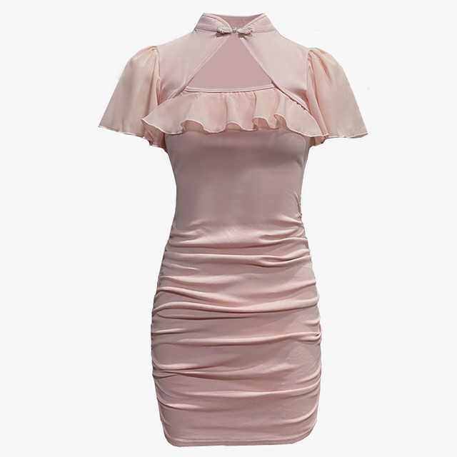 胸開きチャイナドレス 半袖 タイト セクシー 黒 フリル クリスマス デート パーティ プチプラ Select Shop Skry スクリー