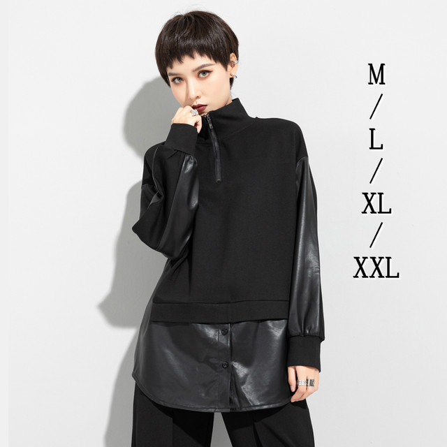 送料無料 ハイネック トップス モード系 重ね着風 フェイクレザー マニッシュ レイヤード 秋 冬 レディース 長袖 モード ブラック プルオーバー レディースファッション Tyk 001 Mapoche マポッシュ Base店