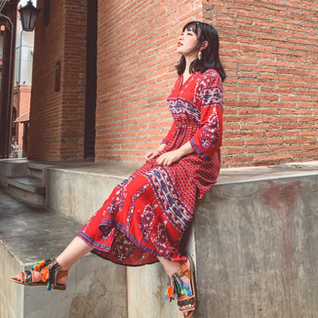 エスニック 七分袖 ワンピース レディース マキシ丈ワンピース 春服 Aライン Vネック 40代 50代 Rx0229 Raxia