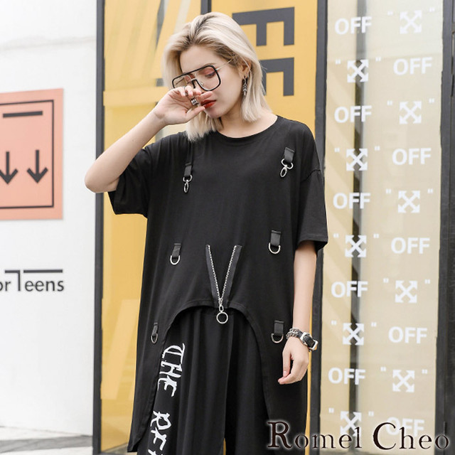 Romelcheo 変形ジップシャツ 黒シャツ モノトーン レディース ビッグシルエット ストリート系 モード系 ロック パンク ファッション 原宿系 青文字系 半袖 夏服 カジュアル きれいめ おしゃれ ロメルチェオ Romelcheo