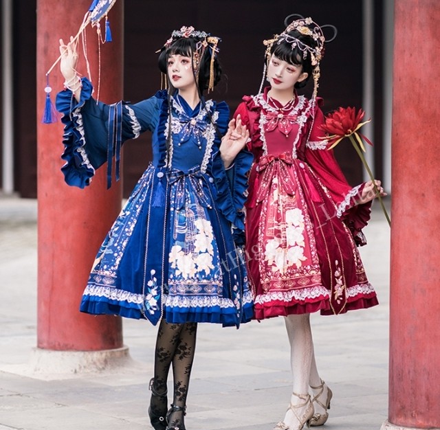 ロリータ 鳥籠 デザイン 華ロリ ブラウスとジャンパースカート セットアップ レッド ブルー 長袖 姫袖 リボン 膝丈ワンピース 中華ロリ Loli Luxury ロリータ 鳥籠 デザイン 華ロリ ブラウスとジャンパースカート セットアップ レッド ブルー 長袖 姫袖 リボン 膝丈ワンピース 中華ロリ Loli Luxury
