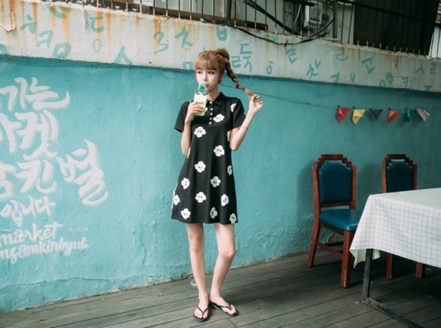 黒花柄 襟付き半袖シャツワンピース 536 韓国プチプラ レディースファッション専門店 Flowery