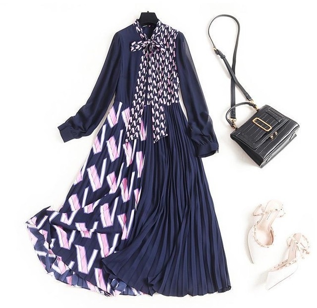 アシンメトリー ボウタイ ワンピース プリーツ 上品 切り替え プリント リボン シフォン 大人可愛い きれいめ Rmd64 Top Mode