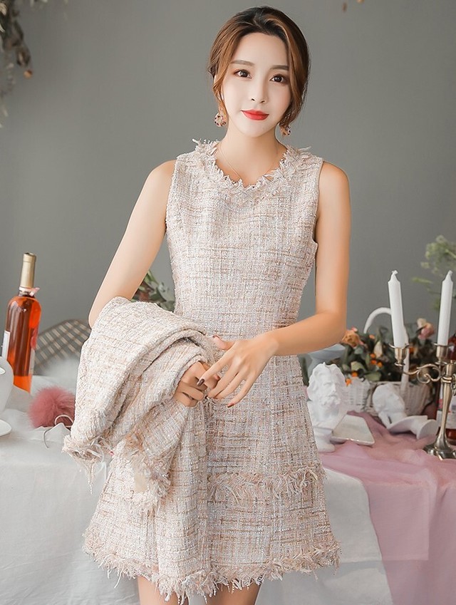 セットアップ ツイード ワンピース ジャケット ミニ丈 ひざ上丈 レディース ノーカラージャケット Aライン フレアワンピース きれいめ 上品 大人可愛い デート お出かけ 女子会 秋 冬 代 30代 40代 アラサー アラフォー Xs S M L Xl At515 Sunny Place