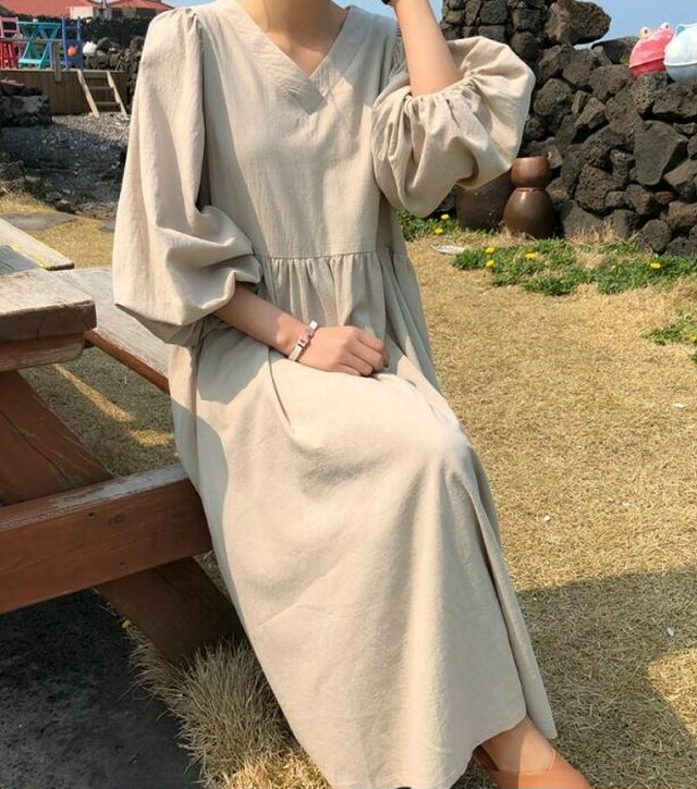 ワンピース レディース ロング丈 ロングワンピース ｖネック 7分袖 バルーンスリーブ ボリューム袖 無地 リネン 体型カバー ナチュラル シンプル ゆったり 春夏yi3 Valentina210