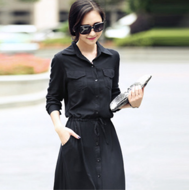 L ブラック ロングシャツワンピース レディース 無地 シャツワンピ 黒ワンピ きれいめ はおり シャツ おしゃれ ロング丈 マキシ丈 ワンピース 長袖 Beybery