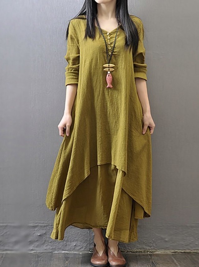 W18 マキシワンピース 綿麻リネン 森ガール ロングワンピース Hikarieshop