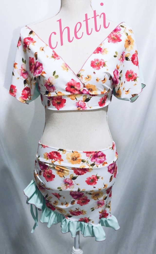 ピンク花柄 エメラルドグリーンフリル セットアップ Fg 67 Chetti ベリーダンス オリエンタル レッスン 舞台