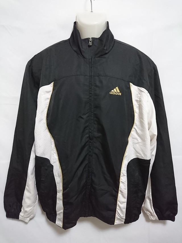 古着 メンズm Adidas アディダス 裏メッシュ ブレーカージャケット 防風 ジャージ フルジップ スポーツ 運動 ブラック ゴールド スポーツウェア シューズの古着屋 リサイクルスポーツ