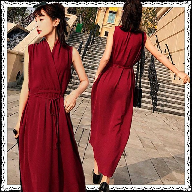 即納 ワンピース レディース カシュクールワンピース ノースリーブワンピース ロング マキシ丈 ワンピ リボン ハイウエスト 赤 Happy Toon