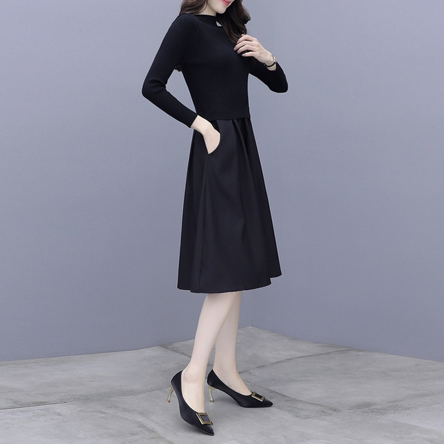 きれいめ配色ワンピース 切り替えワンピース レディース シーンレス ワンピース ミディ丈 ひざ下丈 異素材 長袖 ブラック 異素材ミックス 春 フレア ワンピース 黒 エレガント Officewalaa オフィスワラア レディースファッション スタイル