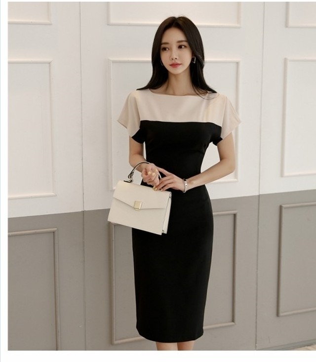 ボートネック ワンピース ボートネック シンプル 黒 半袖 オフィスカジュアル キャバ 膝下 韓国スタイル デイリー バイカラー ワンピース Basecamp49