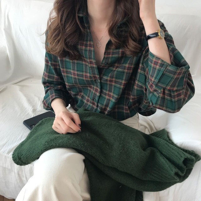 レディース 2点セット コーデセット チェックシャツ ニットプルオーバー セーター ゆったり かわいい グリーン ワンサイズ Favoriteselect