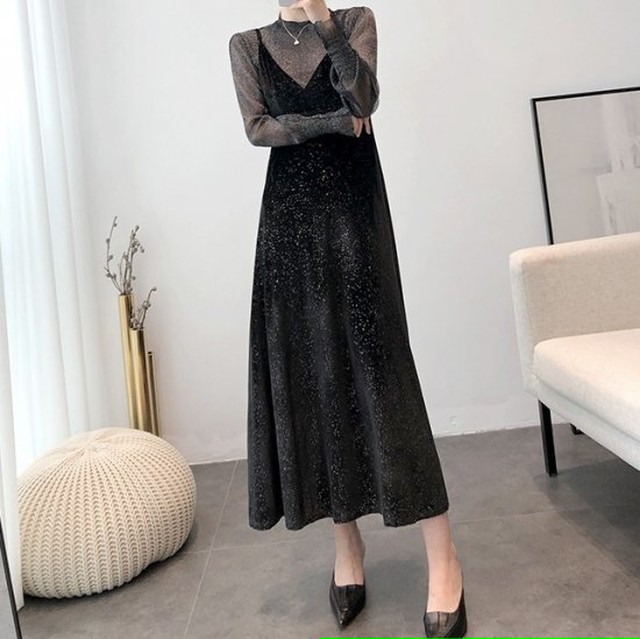 ロングワンピース シースルートップス セット ベロア 大きいサイズ お呼ばれ ワンピース 結婚式 二次会 パーティ 秋冬 冬スペシャルセール ロングワンピース シースルートップス セット ベロア Leaflower 001 リーフラワー レディースファッション専門店